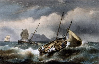 Sardine fishing along coast of Bretogne, Colored lithograph by Ferdinand Perrot