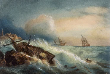 Shipwreck on coast of Saint Nazaire, Colour lithograph by Ferdinand Perrot