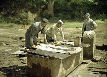 Three French Soldiers Doing Laundry at a Well, Soissons, Aisne, France, 1917