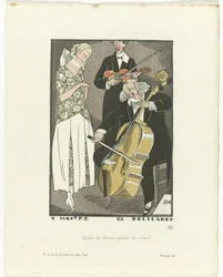Gazette du Bon Ton, 1920 - No. 9, Pl. 66: O Maitre el Relicario / Dinner Dress Trimmed with Ribbon