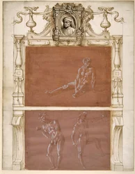 A nude seated man and two male nudes
