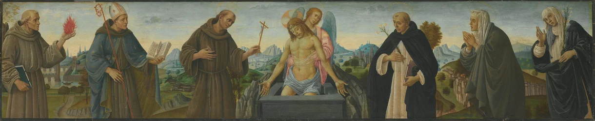 Man of Sorrows and six saints (Saint Anthony of Padua, Louis of Toulouse, Francis, Dominic, Clare and Catherine of Siena)