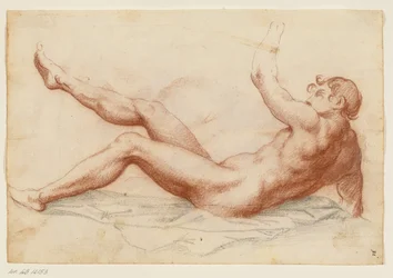 Prostrated Male Nude Turned Left Leaning on His Right Arm and Lifting His Left Arm and Right Leg Up