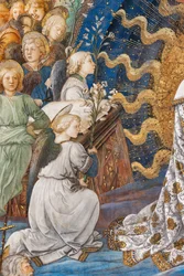 Angels holding lilies, flowers which are the symbol of purity, detail of Coronation of Mary