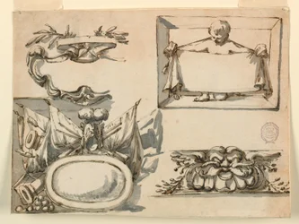An escutcheon, a trophy, a label, a decorative motif for a frieze, 1750–75