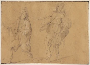 A running figure with the mantle over his head, and a standing man with hat and staff