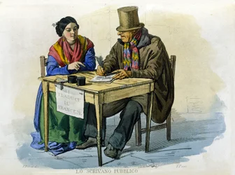 Small business of the city of Naples: the public writer. Engraving after a painting by F. Palizza. From a work by Francesco de Bourcard 