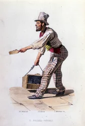 Small business of the city of Naples: the shoe shiner. Engraving after a painting by F. Palizza. From a work by Francesco de Bourcard 