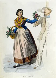 Small business of the city of Naples: young florist tending a bouquet to an elegant man. Engraving after a painting by F. Palizza. From a work by Francesco de Bourcard 
