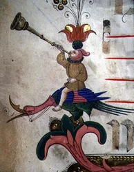 Figure blowing a horn, mounted on a harnessed bird, detail of decorative border from a Choir Book executed before 1449 (detail)