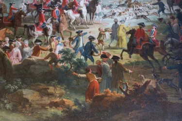 Deer hunt, by Vittorio Amedeo Cignaroli, hall of squires, Hunting residence, by Filippo Juvarra, Stupinigi, Piedmont, Italy