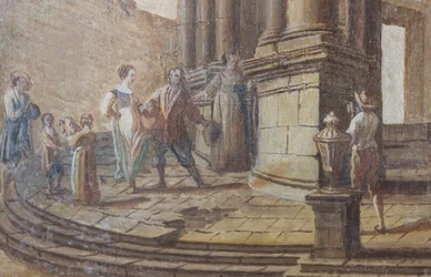 Genre scene, detail of the salon window shutters, Queen