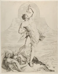 Samson Holding the Jaw Bone of an Ass Over His Head and Standing Next to the Philistines