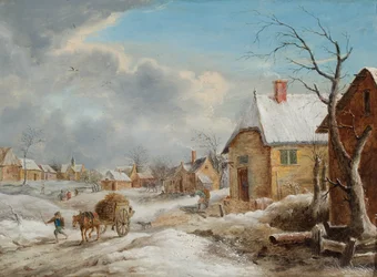 A Village in Winter with a Horse Pulling a Cart Piled with Wood
