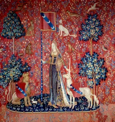A young woman surrounded by a lion, a unicorn, a monkey and rabbits - Wool and silk tapestry made between 1484 and 1500. From the Château of Boussac, Creuse. Dimensions: 3.7 x 4.7 m - Paris, National Museum of the Middle Ages, Thermes de Cluny - Allegory