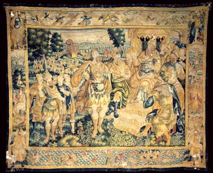 Cathedral. Interior. Flemish tapestry. The history of Judas Maccabeus (?). Origin Oudenaarde. Unidentified marks right below. Ca 1575-1610