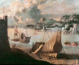 Construction of a galleon in a Genoese shipyard