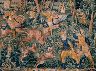 Flemish tapestry. Deer hunting. Atelier of Oudenaarde. 17th century.