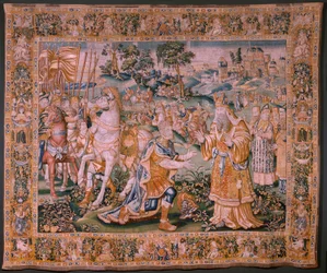 Flemish tapestry. Alexander before Iaddo the high priest. Atelier of Oudenaarde. 374x447cm. 17th century.