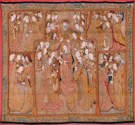 Flemish tapestry. Series Devotion of Our Lady or Golden Cloths. The Coronation of the Virgin. Fourth tapestry in the series. Model by a cartoonist from the circle of Colyn de Coter. Manufactured by Pieter van Aelst, Brussels. Ca 1500-15