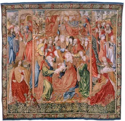 Flemish Tapestry. Series Episodes from the Life of the Virgin; Presentation at the Temple. Second Tapestry in the Series. Models Attributed to Jan van Roome. Manufacture Pieter van Aelst, Brussels. Ca 1502-1504
