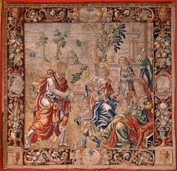 Flemish tapestry. Series Esau and Jacob. Jacob gathering his wives before fleeing to Canaan. First tapestry in the series. Manufacture Netherlands, second half of the 16th century. Fabric Wool