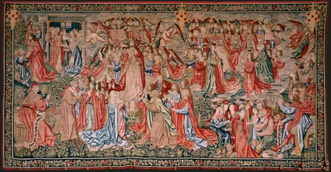 Flemish Tapestry. Series Human Redemption or Vices and Virtues. Christ Ascends to Heaven and Man is Redeemed Before God. Ninth Tapestry in the Series (Fourth of Those Kept in Palencia). Brussels’ Manufacture, Workshop.