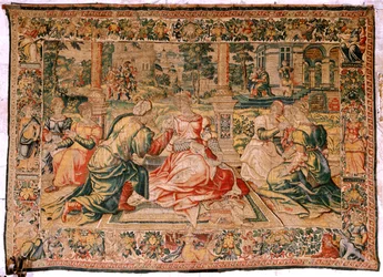 Flemish tapestry. Series Mark Anthony and Cleopatra. Cleopatra and her court. Model Cartoon attributed to Pieter Coecke van Aelst. Manufacture Brussels(?). Second half of 16th century. Fabric Silk and wool. Size 310 x 435 cm