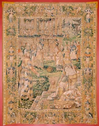 Flemish tapestry. Series The Book of Judith. Judith shows Holofernes’ head. Ninth tapestry in the series. Manufacture Netherlands, Brussels(?). Second half of the 16th century. Fabric Wool. Location Church of Saint