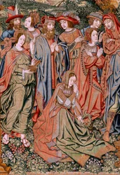 Flemish tapestry. Series The Passion of Christ. The Descent from the Cross. The second tapestry series of the Passion of Christ belonging to the Patrimonio Nacional. Model Cartoonists from the circle of Jan van Roome. Manufacture Pieter van Aelst, Brussels