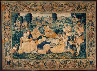 Flemish Tapestry. The Country Meal. Atelier of Oudenaarde. 17th Century