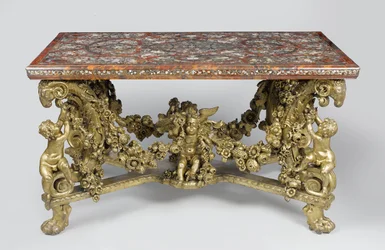 Marquetry table on carved and gilded lime wood base