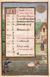 Ploughing with Two Horses, illuminated calendar page for October, from a Book of Hours, c.1500