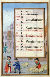 Selling Pigs at the Market, illuminated calendar page for November, from a Book of Hours, c.1500