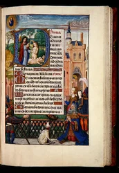 King David praying to the Virgin and Child and a historiated initial D depicting the creation of Eve, from a Book of Hours, Bruges, c.1510
