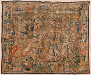 Parish Museum of Tapestries (Museo Parroquial de Tapices de Pastrana). Flemish Tapestry. Combat Between Alexander and Darius at Ipsus. Brussels. Wool and Silk. 16th Century. 510x419cm.