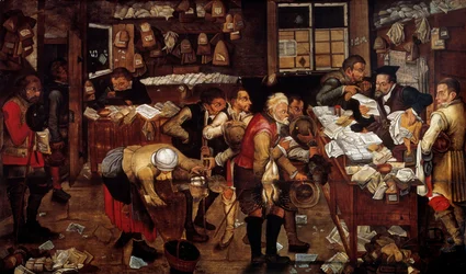 Pawnshop Scene of Mount Piete. Painting of the Flemish school. 16th century Paris decorative arts