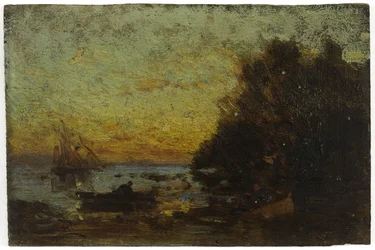 Boat and sailboats, sunset. On reverse: Marine, between 1850 and 1860