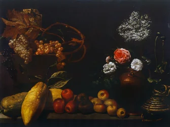 Still life with jug of copper, roses, grapes, elder flowers, citrus and apples