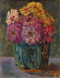 Still Life with Zinnias in a green Jar