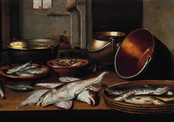 A Kitchen Interior with Fish and Utensils on a Table