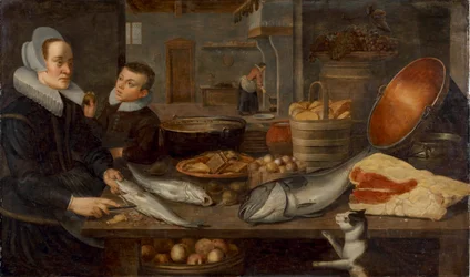 A Kitchen Still Life with a Maid Cleaning Fish at a Table and a Boy Holding an Apple