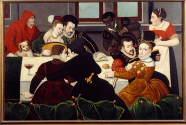 The gallant meal Couples Enlaces, a servant of black skin. Painting of the School of Fontainebleau. 16th century