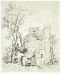 A Man Watering Horses at a Well, While a Woman Fetches Water and a Boy Helps Her