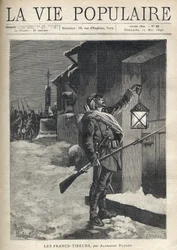 A soldier carrying all his gear, a bayonet rifle, and waving a lantern in front of the closed door of a townhouse. Behind him, near the Iron Cross, the rest of the troupe arrives to join him. Illustration for Les Francs Shoirers by Alph