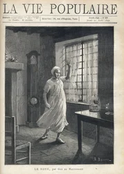 A woman in a shirt and night cap, with a face full of fear, stands barefoot in front of the window of her house. Illustration by W