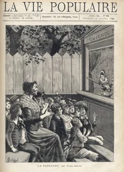A woman in the middle of a group of children applauds a puppet show (Guignol). Illustration of Fortune Meaulle by Montegut for 