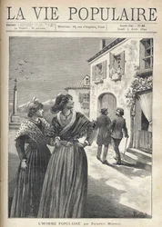 In the streets of a village in Provence, two pretty women in Provencal dresses turn back to the street to confront a man who turns confidently towards their eyes. Illustration by Montegut for The Popular Man by Frederic Mistral (1830-1914). Engraving by Fo
