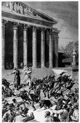 Universal Suffrage and the Republic Chasing Merchants from the Temple - in "Le Journal Illustré" of 25/12/1892, Composition by Henri Meyer, Engraving by Meaulle.