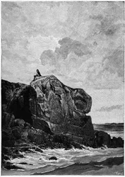 Victor Hugo in exile in Jersey in 1855, on the Proscriit Rock. Engraving by Louis Fortune Meaulle (1844-1901), of which Hugo said: "I think, il grave"